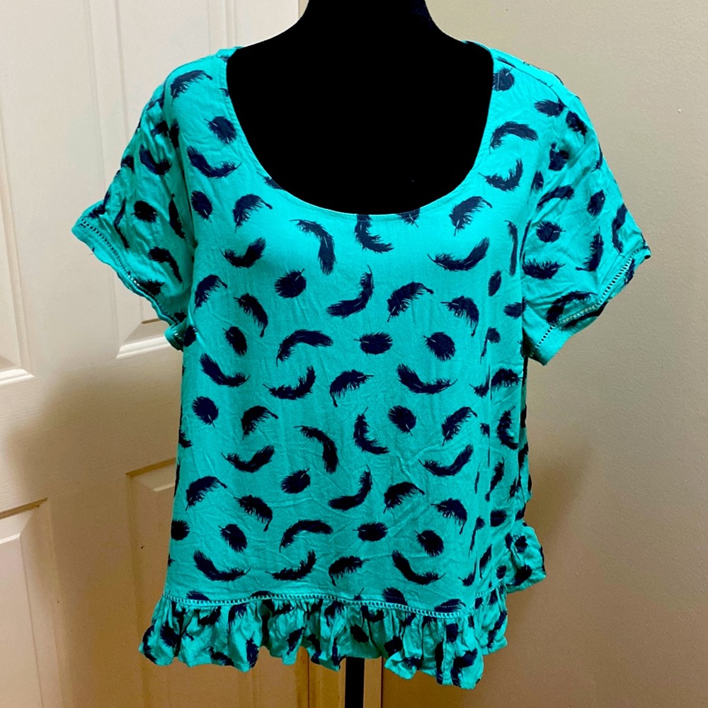 Torrid Feather Print Ruffle Blouse. Size 2, turquoise size 2x